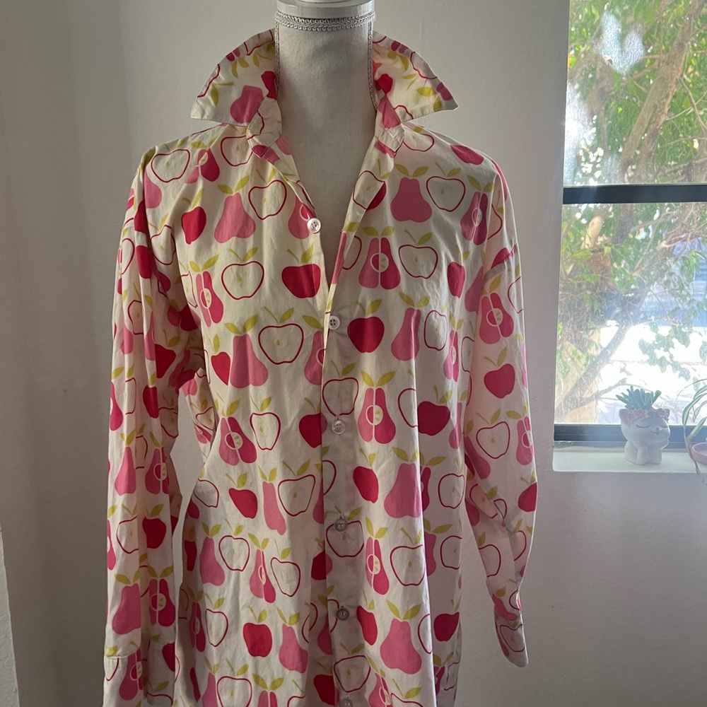 Apple Print Women's Pajama Shirt Cotton Long sleeve Shirt - Picture 2 of 15